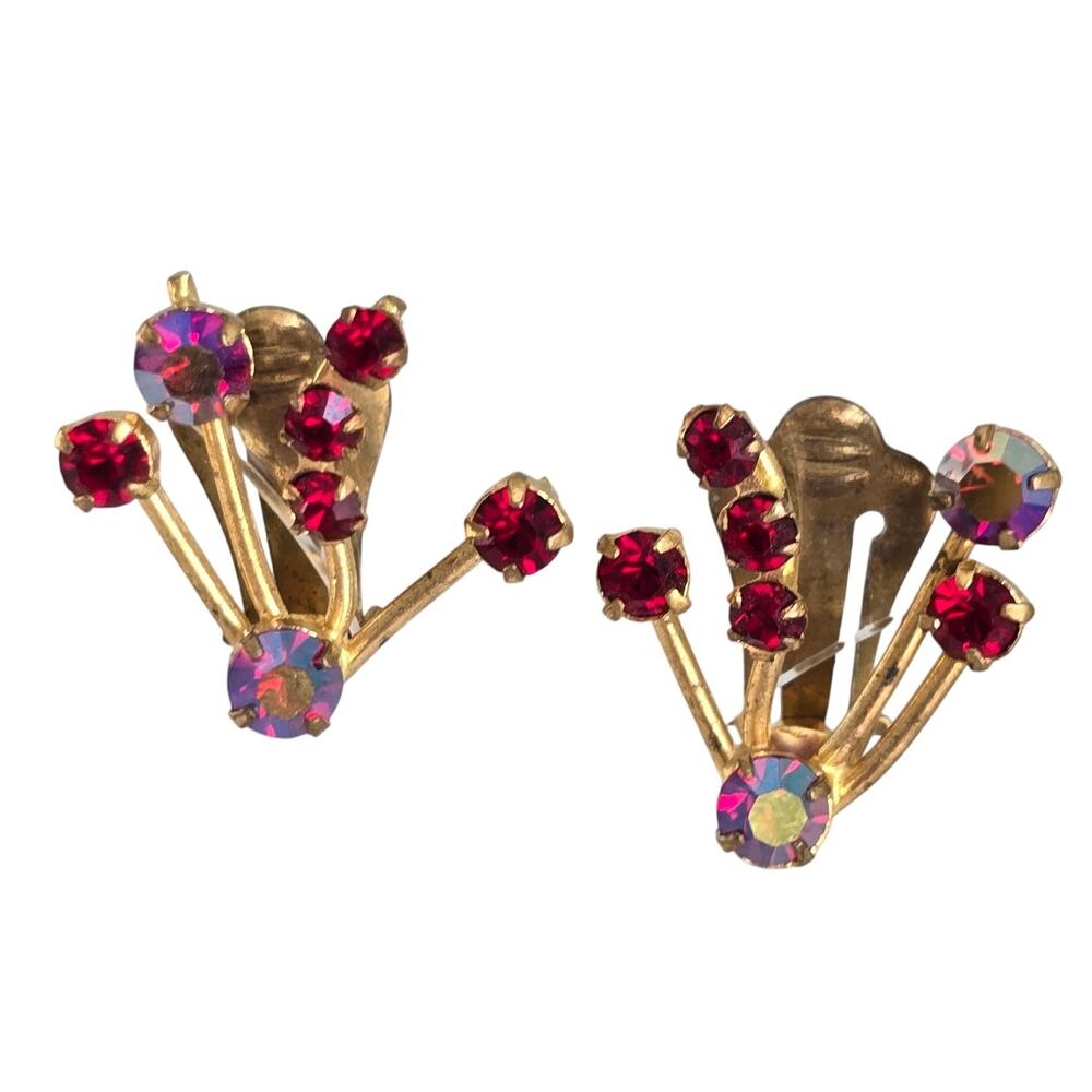Vintage Clip On Earrings Red AB Austrian Crystal Rhinestone Spray Gold Tone